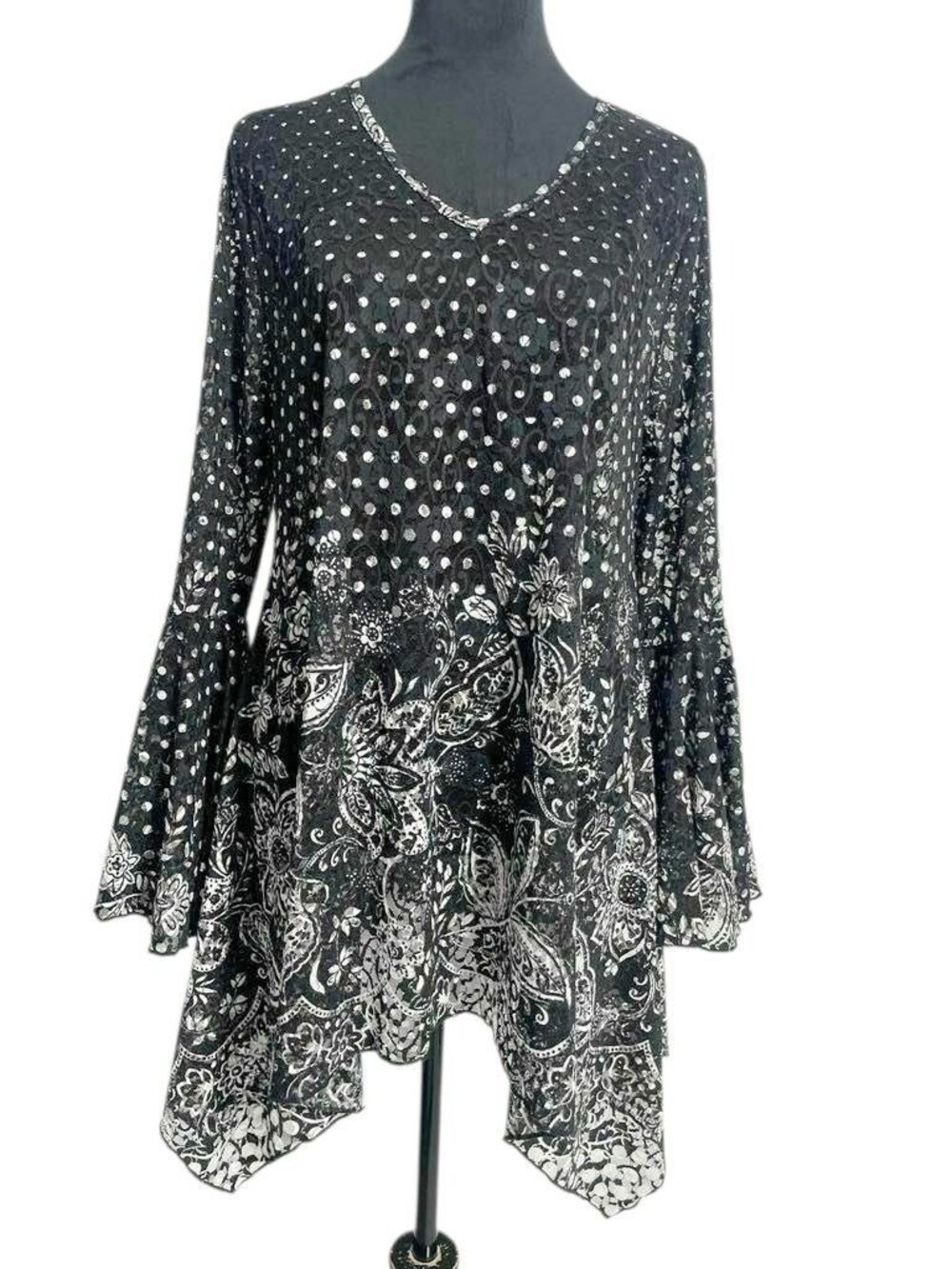Dor Dor Couture Size Large  Top Blouse Bell Sleeve Black White Lace Gothic